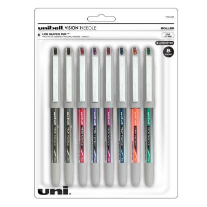 Picture of uni-ball Vision Liquid Ink Rollerball Pens, Needle/Fine Point, 0.7 mm, Gray Barrel, Assorted Ink Colors, Pack Of 8 Pens