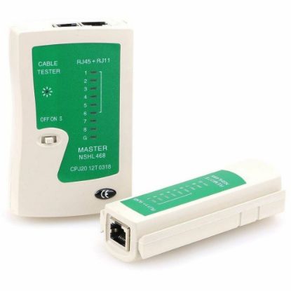 Picture of 4XEM RJ45/RJ11 Network Cable Tester Cable configuration Network Tester - 4XEM RJ45/RJ11 Network Cable Tester configuration Network Tester Travel alignment for straight, crossover, no connection, short cable configuration battery powered