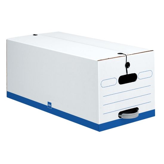 Picture of Office Depot Brand Quick Set Up Standard-Duty Storage Boxes With String & Button Closures And Built-In Handles, Letter Size, 24in x 12in x 10in, 60% Recycled, White/Blue, Pack Of 12