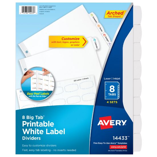 Picture of Avery Easy Peel Pop-up Edge Label Dividers, 8 1/2in x 11in, 8-Tab, White, Pack Of 4