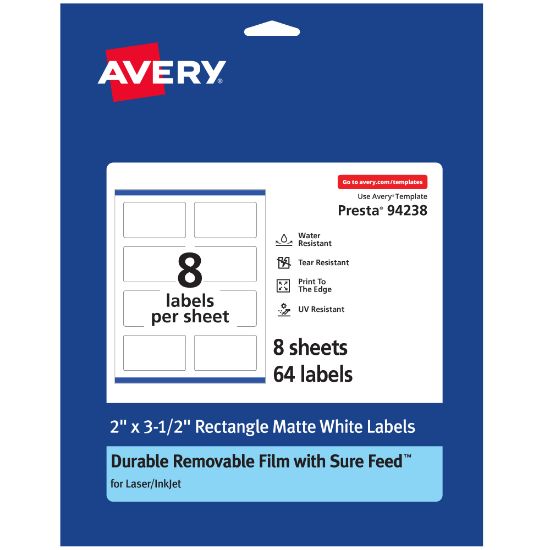 Picture of Avery Durable Removable Labels With Sure Feed, 94238-DRF8, Rectangle, 2in x 3-1/2in, White, Pack Of 64