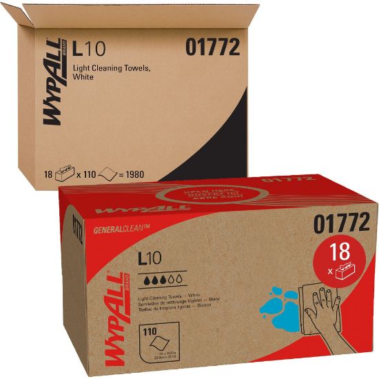 Picture of Wypall GeneralClean L10 Light Cleaning Towels - Pop-Up Box - 1 Ply - White - 110 Per Box - 18 / Carton