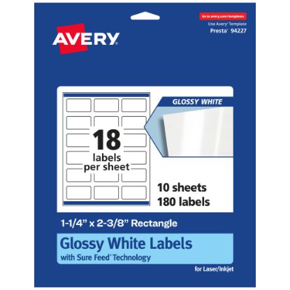 Picture of Avery Glossy Permanent Labels With Sure Feed, 94227-WGP10, Rectangle, 1-1/4in x 2-3/8in, White, Pack Of 180