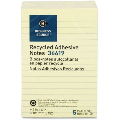 Picture of Business Source Yellow Adhesive Notes - 4in x 6in - Rectangle - Ruled - Yellow - Self-adhesive, Removable - 5 / Pack - Recycled