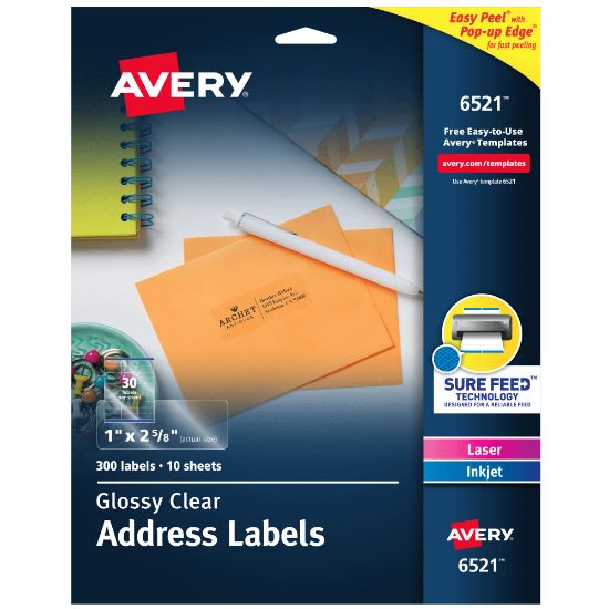 Picture of Avery Glossy Permanent Labels, 6521, Mailing, 1in x 2 5/8in, Clear, Pack Of 300