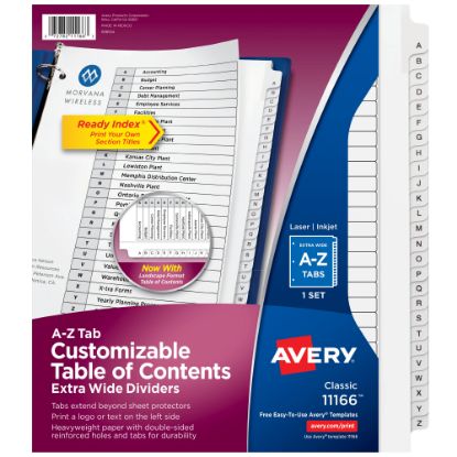 Picture of Avery Extra-Wide A-Z Tab With Customizable Table of Contents Dividers For 3 Ring Binders, 9-1/4in x 11in, 26 Tab, White, 1 Set