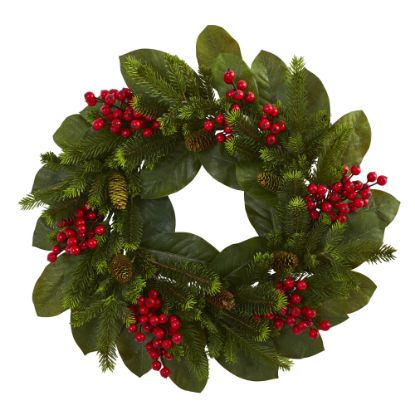 Picture of Nearly Natural 24inH Magnolia Leaf, Berry And Pine Artificial Wreath, 24in x 24in, Green