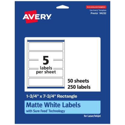 Picture of Avery Permanent Labels With Sure Feed, 94232-WMP50, Rectangle, 1-3/4in x 7-3/4in, White, Pack Of 250