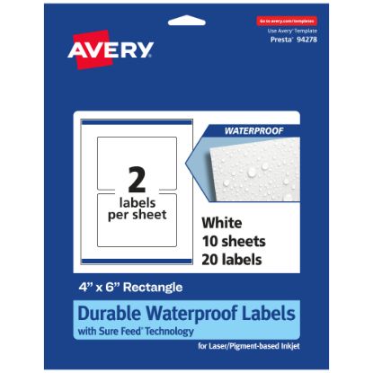 Picture of Avery Waterproof Permanent Labels With Sure Feed, 94278-WMF10, Rectangle, 4in x 6in, White, Pack Of 20