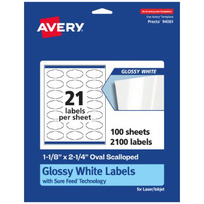 Picture of Avery Glossy Permanent Labels With Sure Feed, 94061-WGP100, Oval Scalloped, 1-1/8in x 2-1/4in, White, Pack Of 2,100