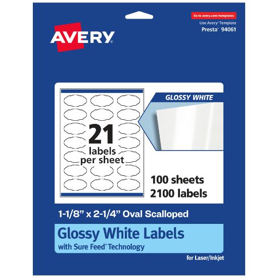 Picture of Avery Glossy Permanent Labels With Sure Feed, 94061-WGP100, Oval Scalloped, 1-1/8in x 2-1/4in, White, Pack Of 2,100