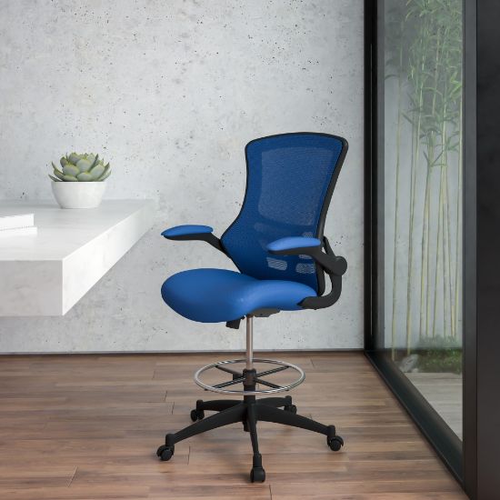 Picture of Flash Furniture Mid-Back Mesh Ergonomic Drafting Chair with Adjustable Foot Ring and Flip-Up Arms, Blue