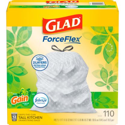 Picture of Glad ForceFlex Tall Kitchen Drawstring Trash Bags, 13 Gallon, White, Gain Original Scent With Febreze Freshness, 110 Count