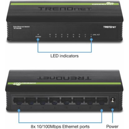 Picture of TRENDnet 8-Port Unmanaged 10/100 Mbps GREENnet Ethernet Desktop Switch; TE100-S8; 8 x 10/100 Mbps Ethernet Ports; 1.6 Gbps Switching Capacity; Plastic Housing; Network Ethernet Switch; Plug & Play - 8 Port 10/100Mbps Switch