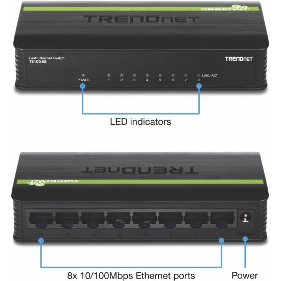 Picture of TRENDnet 8-Port Unmanaged 10/100 Mbps GREENnet Ethernet Desktop Switch; TE100-S8; 8 x 10/100 Mbps Ethernet Ports; 1.6 Gbps Switching Capacity; Plastic Housing; Network Ethernet Switch; Plug & Play - 8 Port 10/100Mbps Switch