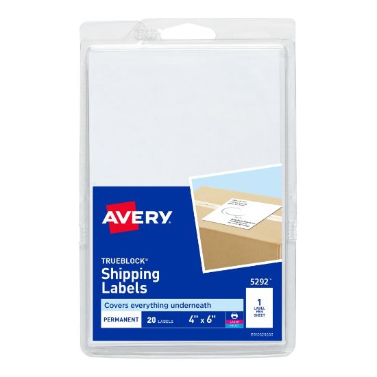 Picture of Avery Permanent Shipping Labels with TrueBlock Technology, 5292, 4in x 6in, White Pack Of 20