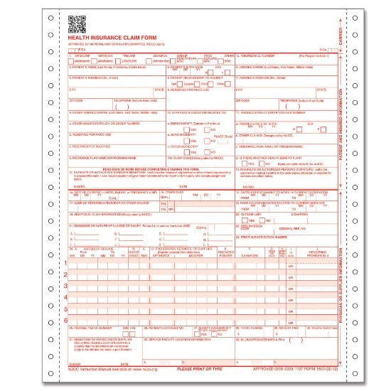 Picture of ComplyRight CMS-1500 Health Insurance Claim Form (02/12), 2-Part Continuous Carbonless, 8 1/2in x 11in, White/Canary, Case Of 1,000