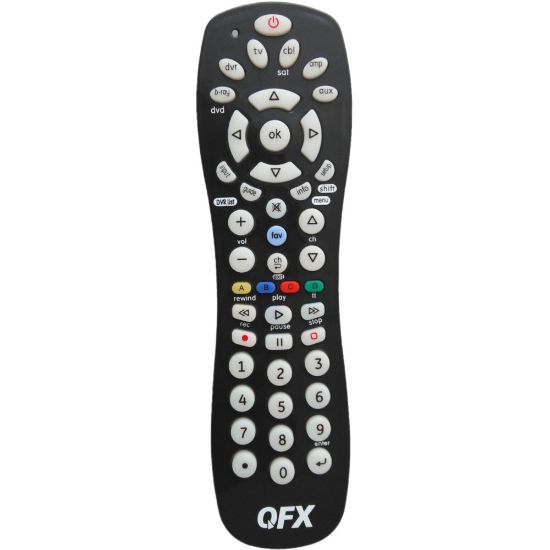 Picture of QFX 6 in 1 Universal Remote Control - For DVD Player, DVR, TV, Audio Receiver, Blu-ray Disc Player, Satellite Box, Cable Box, VCR, VCD Player, Air Conditioner, Laser Disc Player, .. - Infrared - Black - Retail