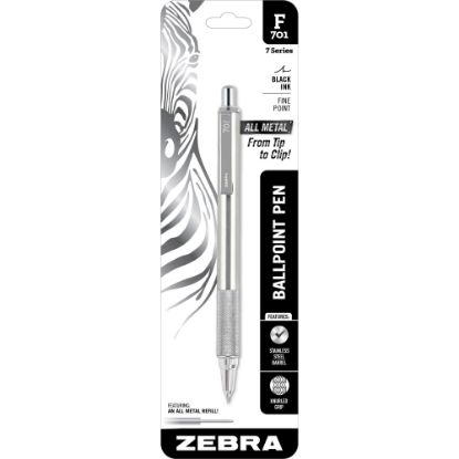 Picture of Zebra Pen F-701 Stainless Steel Retractable Ballpoint Pen, Fine Point, 0.7 mm, Silver Barrel, Black Ink