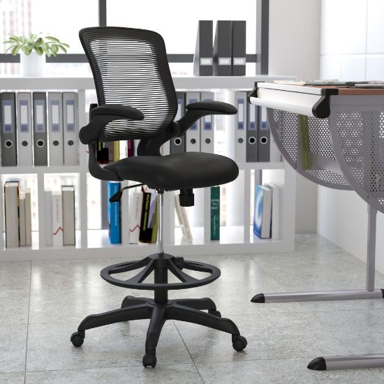 Picture of Flash Furniture Mid Back Mesh Ergonomic Drafting Chair with Adjustable Foot Ring and Flip-Up Arms, Black