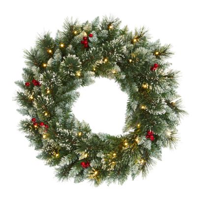 Picture of Nearly Natural 24inH Frosted Swiss Pine Artificial Wreath With 35 LED Lights And Berries, 24in x 5in, Green