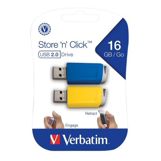 Picture of Verbatim Store N Click USB 2.0 Flash Drive, 16GB, Blue/Yellow, Pack Of 2 Flash Drives