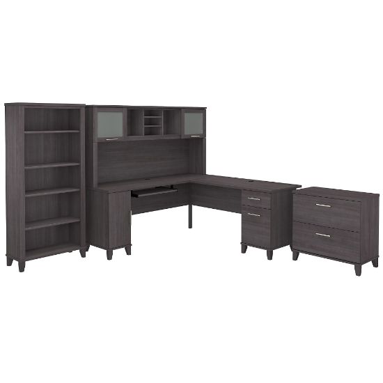 Picture of Bush Furniture Somerset 72inW L-Shaped Desk With Hutch, Lateral File Cabinet And Bookcase, Storm Gray, Standard Delivery