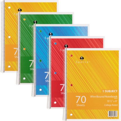 Picture of Sparco Wire-Bound Notebooks, 8in x 10.5in, College Ruled, 70 Sheets, Assorted, Pack Of 5