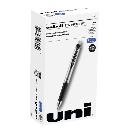 Picture of uni-ball RT Gel Pens, 207 Impact, Bold Point, 1.0 mm, Gray Barrel, Blue Ink, Pack Of 12