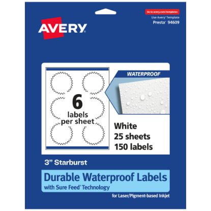 Picture of Avery Waterproof Permanent Labels With Sure Feed, 94609-WMF25, Starburst, 3in, White, Pack Of 150