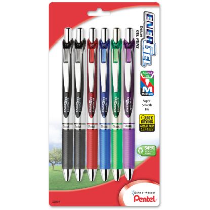 Picture of Pentel EnerGel RTX Retractable Liquid Gel Pens, Medium Point, 0.7 mm, 54% Recycled, Silver Barrel, Assorted Ink Colors, Pack Of 6 Pens