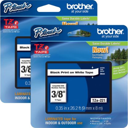 Picture of Brother P-touch TZe Laminated Tape Cartridges, 3/8inW x 26 1/5L , Rectangle, White, 2 Per Bundle