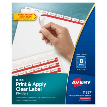 Picture of Avery Customizable Index Maker Dividers For 3 Ring Binder, Easy Print & Apply Clear Label Strip, 8 Tab, White, Pack Of 50 Sets