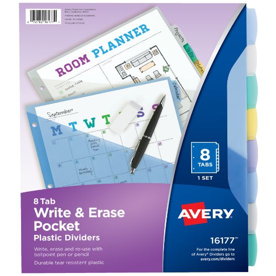 Picture of Avery Write & Erase Pocket Plastic Dividers For 3 Ring Binders, 9-1/4in x 11-1/4in, 8-Tab Set, Multicolor, 1 Set