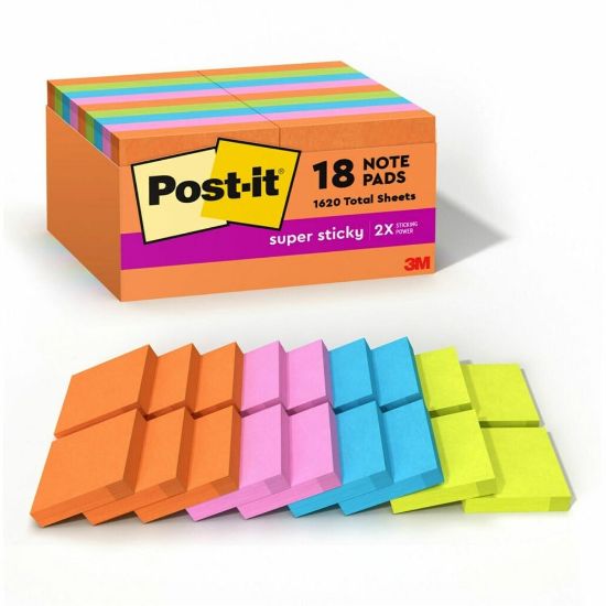 Picture of Post-it Super Sticky Notes - Energy Boost Color Collection - 2in x 2in - Square - 90 Sheets per Pad - Multicolor - Paper - Super Sticky, Adhesive, Recyclable, Residue-free - 1620 / Pack