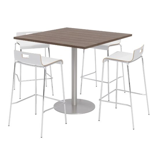 Picture of KFI Studios Square Bistro Pedestal Table With 4 Stacking Bar Stools, Studio Teak/White