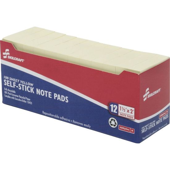 Picture of SKILCRAFT Self-Stick Notes, 1200 Total Notes, Pack Of 12 Pads, 1-1/2in x 2in, Yellow, 100 Notes Per Pad