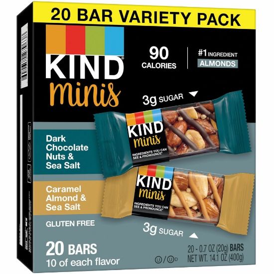 Picture of KIND Minis Nuts & Sea Salt Nut Bars Variety - Cholesterol-free, Gluten-free, Low Glycemic, Trans Fat Free, Low Sugar, Low Sodium - Dark Chocolate Nuts and Sea Salt, Caramel Almond and Sea Salt - 1.03 lb - 20 / Pack