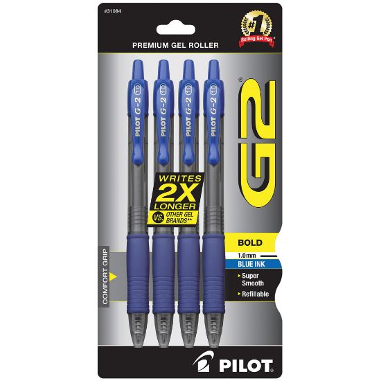 Picture of Pilot G2 Retractable Gel Pens, Bold Point, 1.0 mm, Clear Barrels, Blue Ink, Pack Of 4