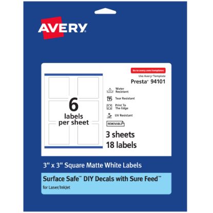 Picture of Avery Durable Removable Labels With Sure Feed, 94101-DRF3, Square, 3in x 3in, White, Pack Of 18