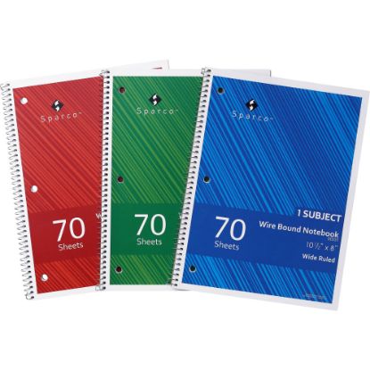 Picture of Sparco Wirebound Notebooks, 8 x 10 1/2in, Wide Ruled, 70 Sheets, Assorted Colors, Pack Of 3