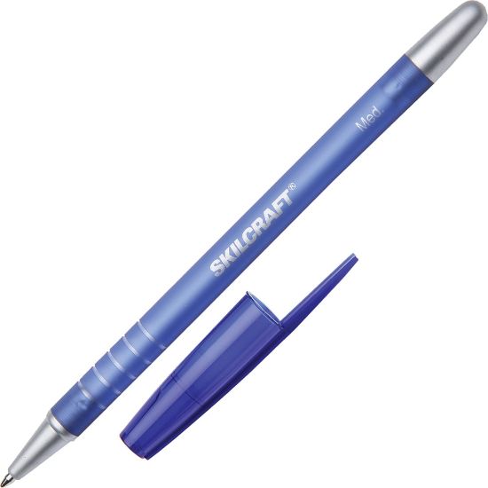 Picture of SKILCRAFT Rubberized Ballpoint Pens, Medium Point, 1.0 mm, Blue Barrel, Blue Ink, Box Of 12 (AbilityOne)