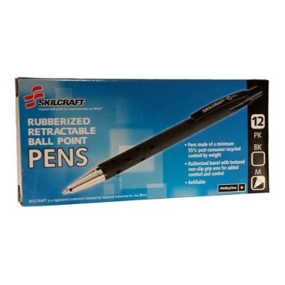 Picture of SKILCRAFT Retractable Ballpoint Pens, Ergonomic Grip, Medium Point, 83% Recycled, Black Ink, Box Of 12