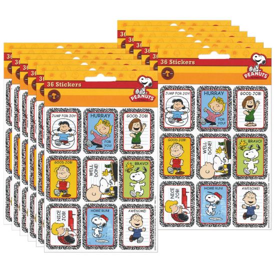 Picture of Eureka Giant Stickers, Peanuts Motivational, 36 Stickers Per Pack, Set Of 12 Packs