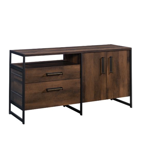 Picture of Sauder Briarbrook Modern Entertainment Credenza Cabinet For 60in TVs With Doors And Drawers, 29-3/4inH x 58inW x 18-1/2inD, Barrel Oak/Black