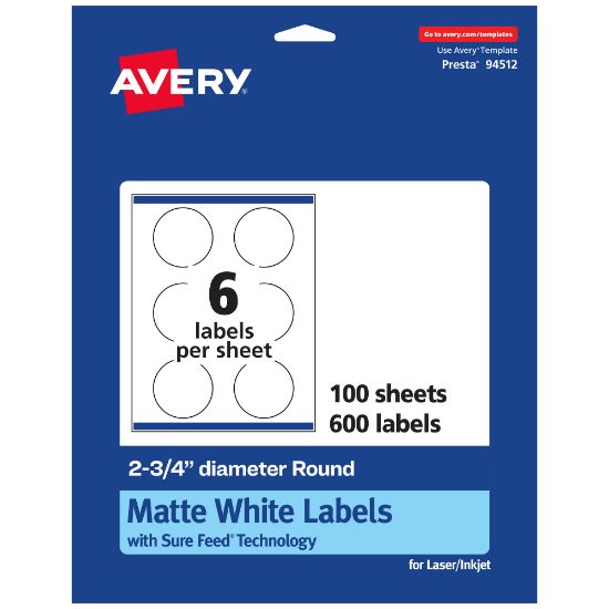 Picture of Avery Permanent Labels With Sure Feed, 94512-WMP100, Round, 2-3/4in Diameter, White, Pack Of 600