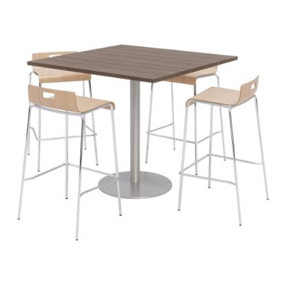 Picture of KFI Studios Square Bistro Pedestal Table With 4 Stacking Bar Stools, Studio Teak/Natural