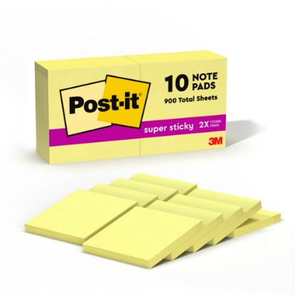 Picture of Post-it Super Sticky Notes, 3 in x 3 in, 10 Pads, 90 Sheets/Pad, 2x the Sticking Power, Canary Yellow