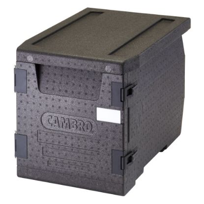 Picture of Cambro Cam GoBox GN 1/1 4in Deep Front Loading Food Transporter, 18-3/4inH x 17-5/16inW x 25-1/4inD, Black