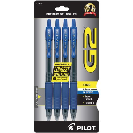 Picture of Pilot G2 Retractable Gel Pens, Fine Point, 0.7 mm, Clear Barrels, Blue Ink, Pack Of 4 Pens